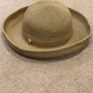 Eric Javits Wide Brim Straw Hat in Natural Tan with Gold Button